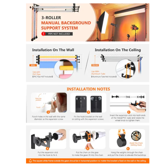 Neewer 3-Roller Wall Mounting Manual Backdrop Support System
